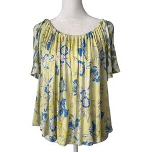 Free People white, blue, & yellow floral pattern short sleeve open back top S